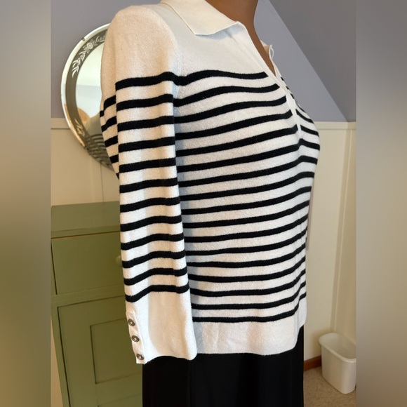 Talbots Johnny Collar Pullover Stripe Top in Black and White. - Picture 6 of 8